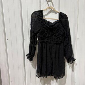 🖤 Crystal Dolls Black Ruffled Sheer Long‑Sleeve Shift Dress – Size L (Brand New